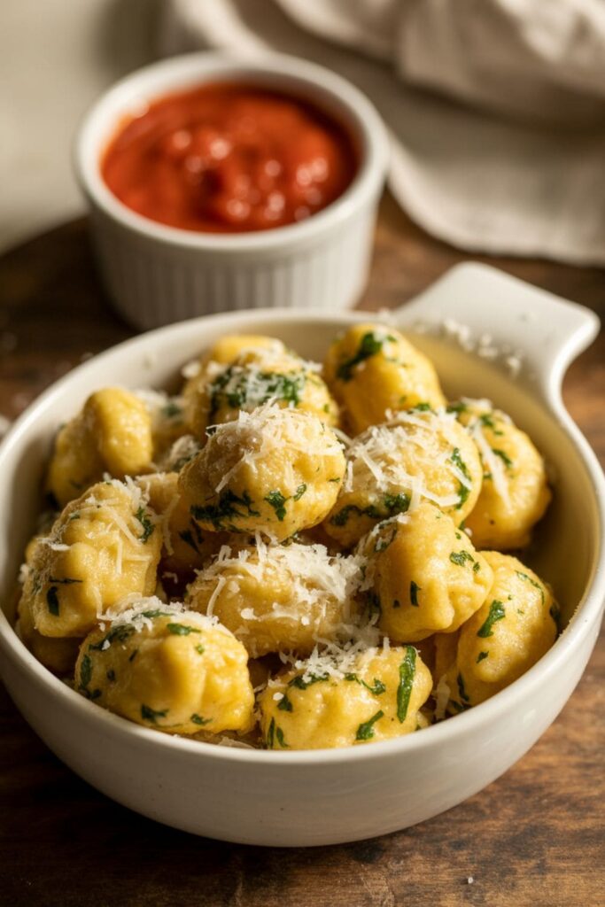 Fried gnocchi poppers tossed with Parmesan and herbs in a bowl