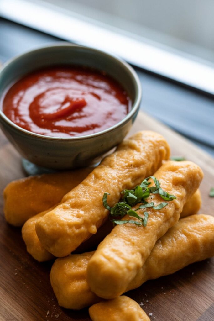 Fried mozzarella sticks stacked next to a bowl of marinara sauce with melted cheese stretching out