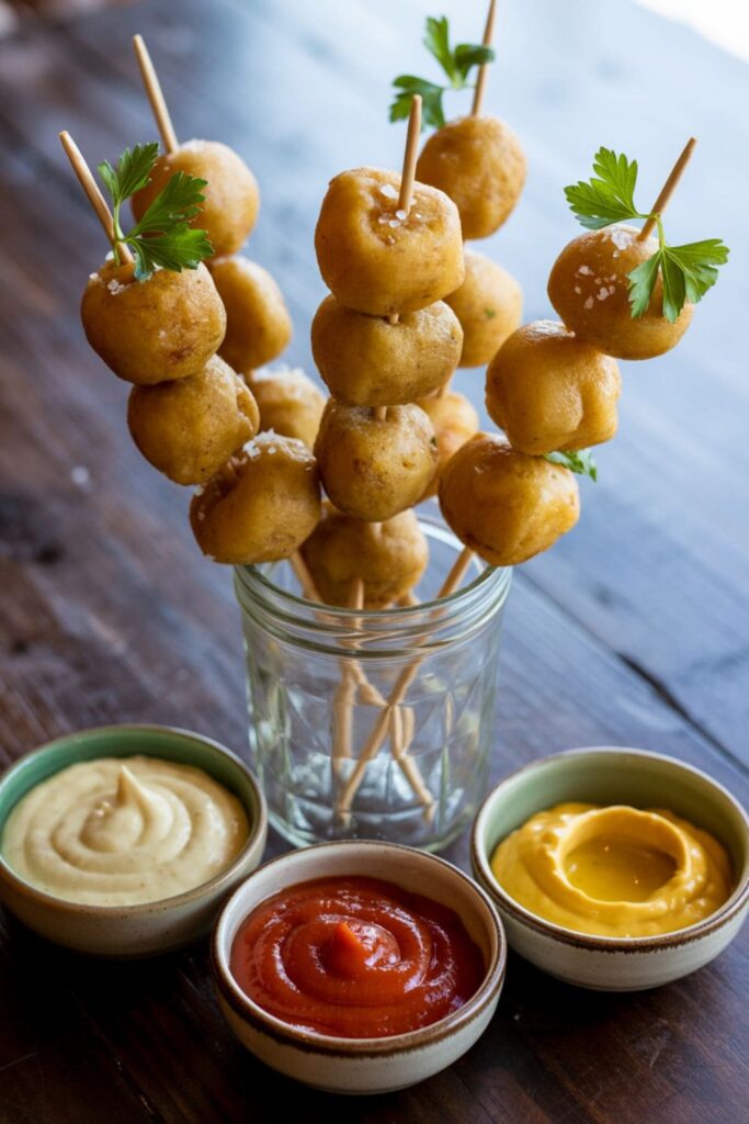 Fried potato lollipops on skewers served with dipping sauces