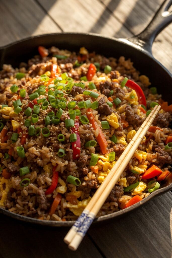 Fried rice with ground beef, vegetables, scrambled eggs, and green onions