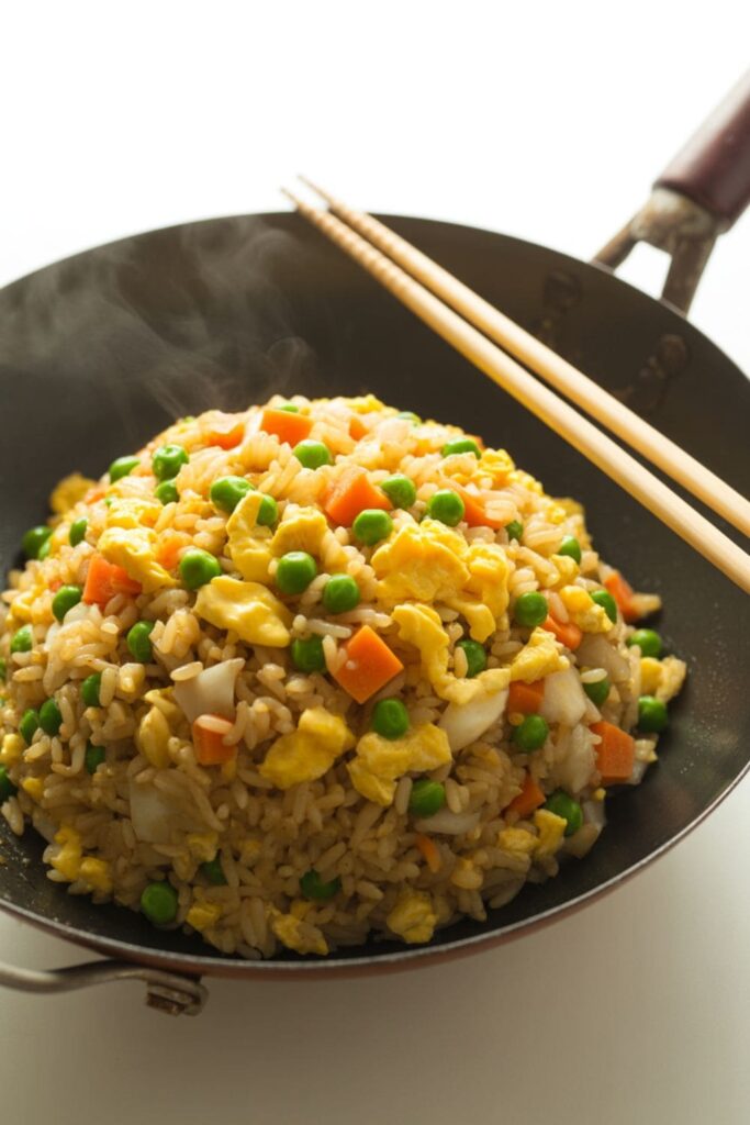 Fried rice with peas, carrots, egg, and soy sauce in a black wok with chopsticks