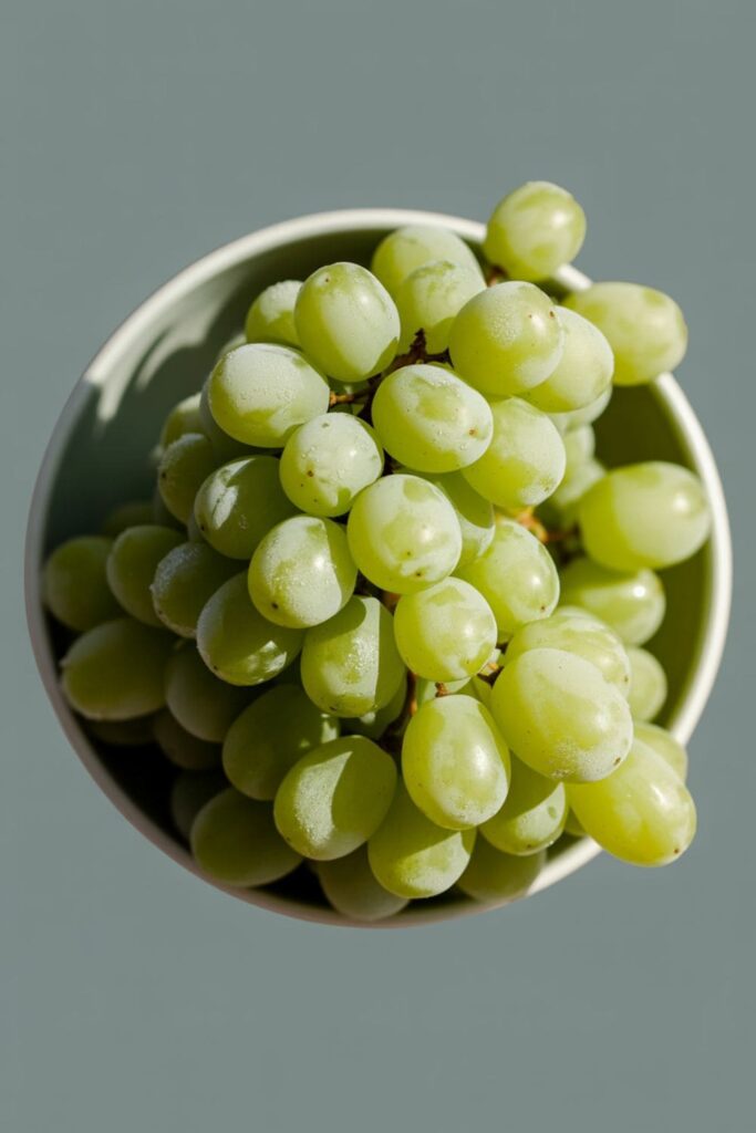 Frozen grapes in a glass bowl with a frosty texture, set against a light background