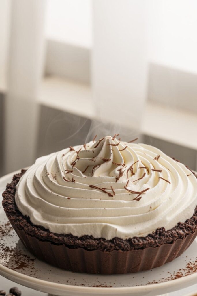 Frozen mocha pie with chocolate pudding filling and whipped cream on top