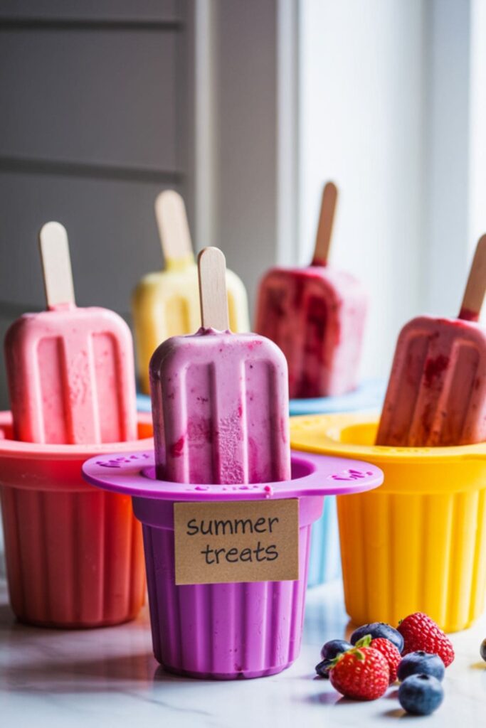 Frozen yogurt pops in colorful molds on a kitchen counter