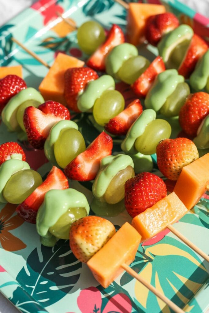 Fruit skewers made with strawberries, pineapple, melon, and grapes on a summer tray