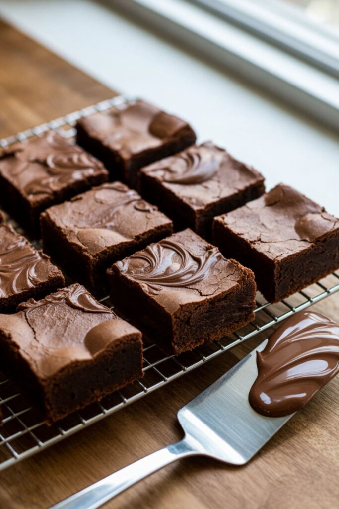 Fudgy brownies with Nutella swirled on top, arranged on a cooling rack