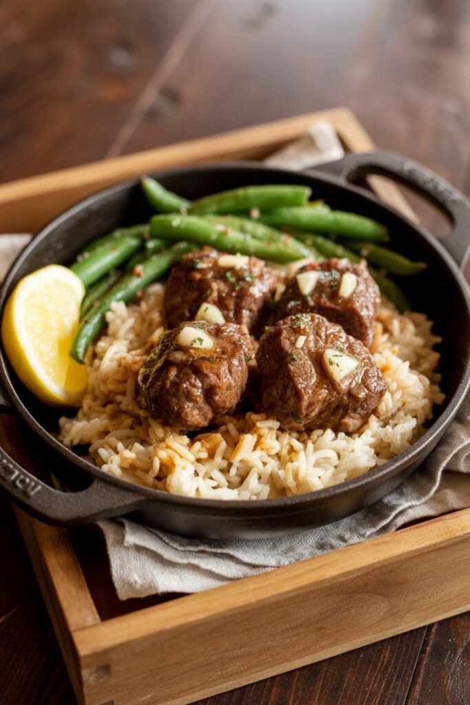Garlic butter beef bowl with steak bites, rice, and saut+-¼ed green beans