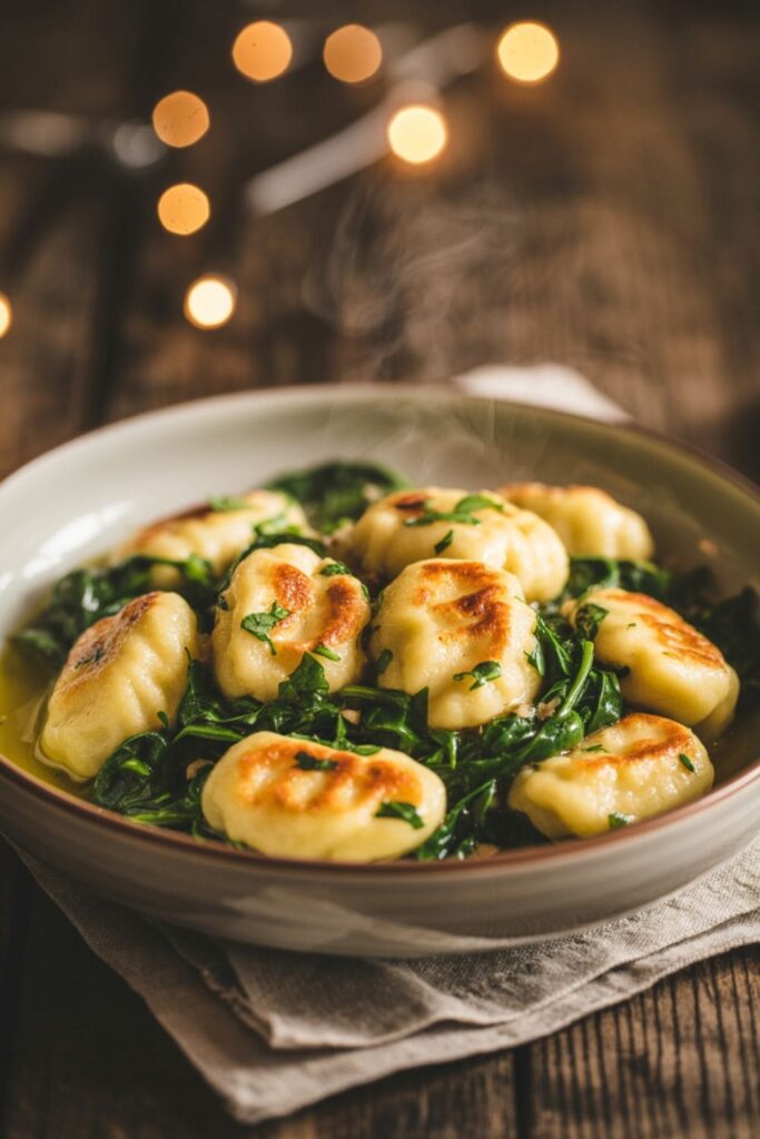 Garlic butter gnocchi with wilted spinach and herbs in a ceramic bowl