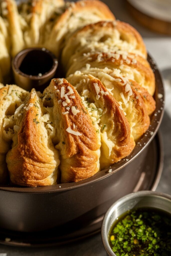 Garlic parmesan pull-apart bread served warm in a Bundt pan with golden crust and herbs