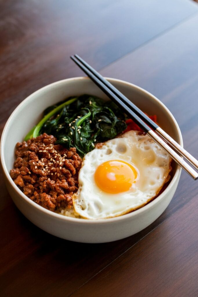 Gochujang beef bowl with spinach, white rice, fried egg, and sesame seeds