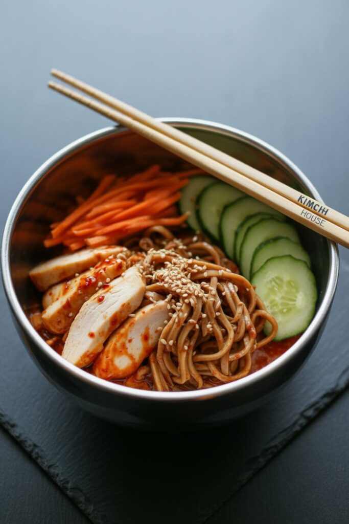 Gochujang-glazed chicken with soba noodles, cucumbers, carrots, and sesame seeds in a spicy bowl