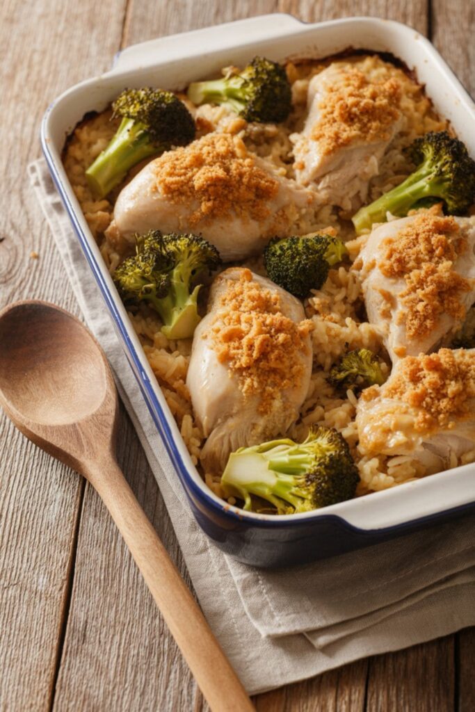 Golden baked casserole with chicken, broccoli, rice, and a cheesy breadcrumb topping