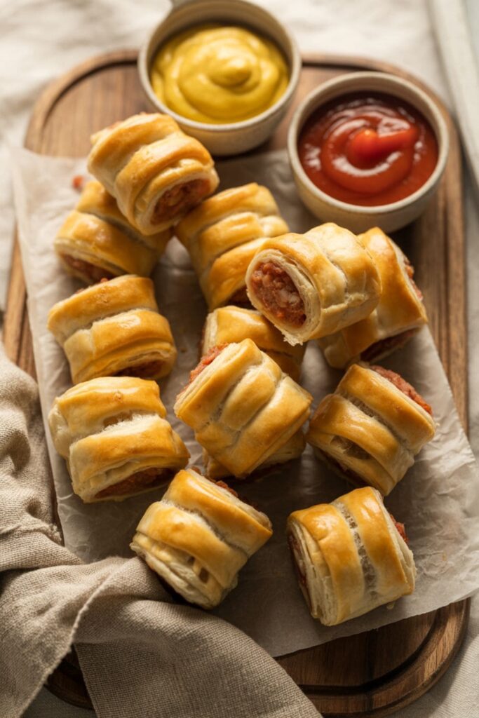 Golden-brown sausage rolls cut into bite-sized pieces, served with mustard and ketchup