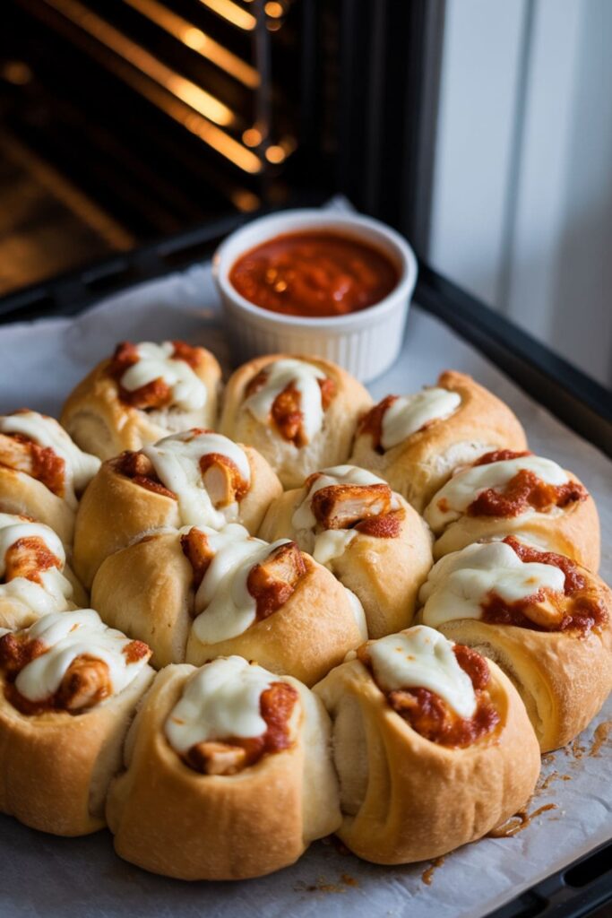 Golden crescent rolls stuffed with chicken and cheese, served with marinara dipping sauce