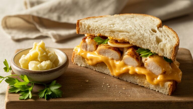 Golden crispy chicken sandwich with melted cheese, parsley garnish, and a side of garlic butter on a minimal beige background