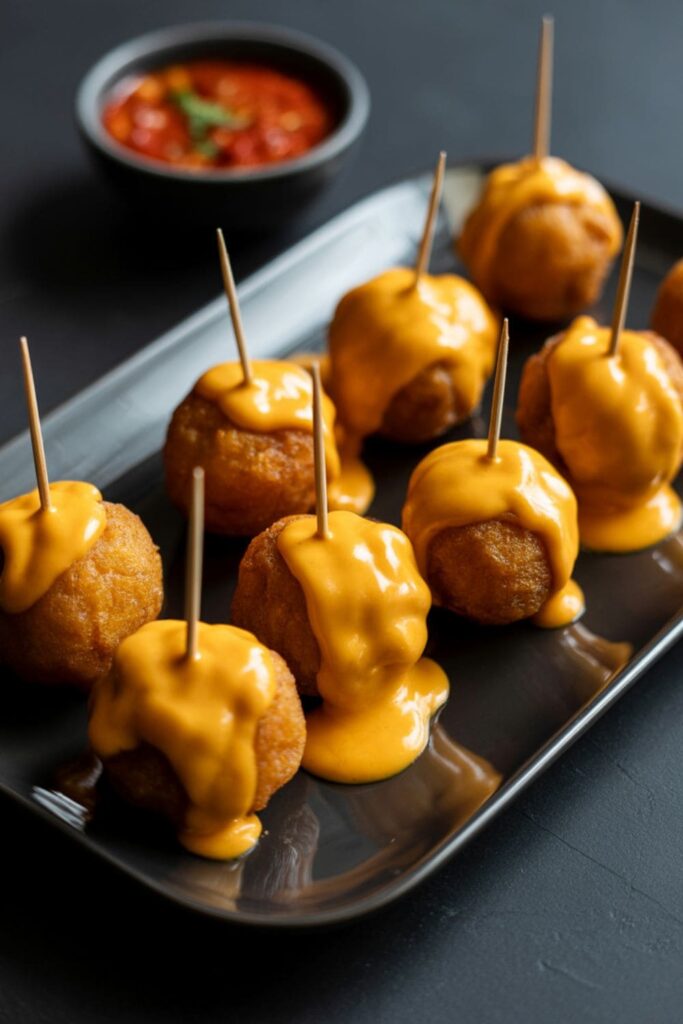 Golden mashed potato balls with cheese filling on a serving plate