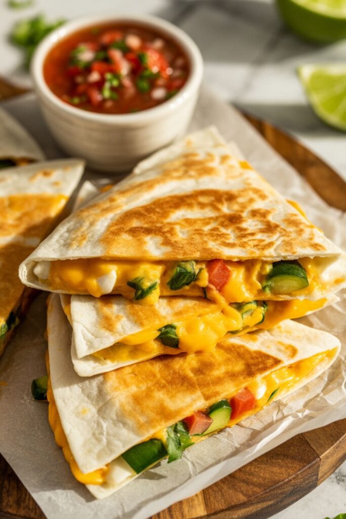Golden quesadilla triangles with visible veggie bits and dipping sauce