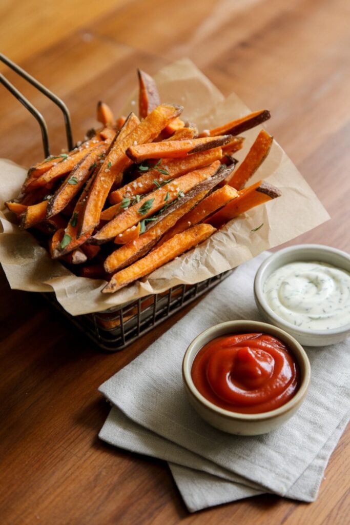 Golden sweet potato fries served in a basket with ketchup and yogurt dip