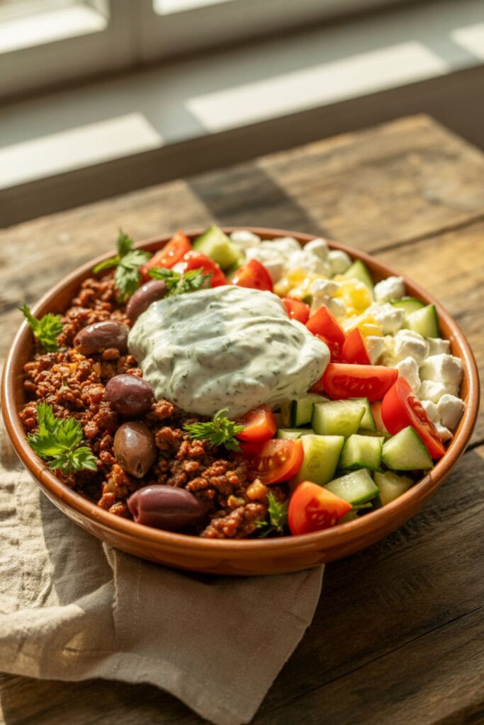 Greek beef bowl with rice, feta, olives, cucumber, and tzatziki
