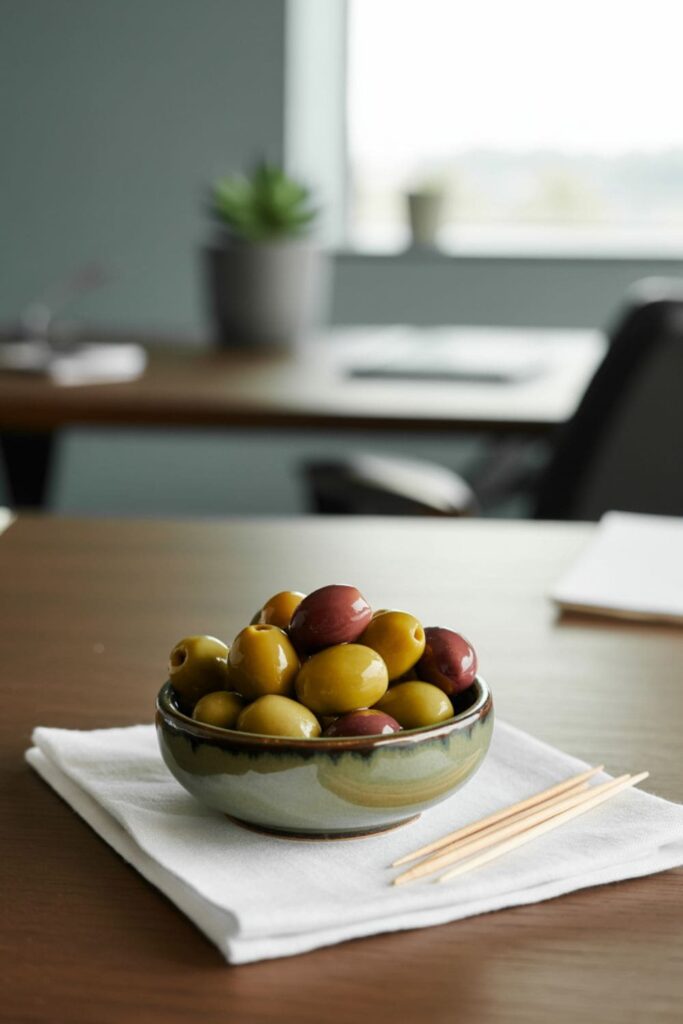 Green and black olives in a round container with toothpicks on a napkin