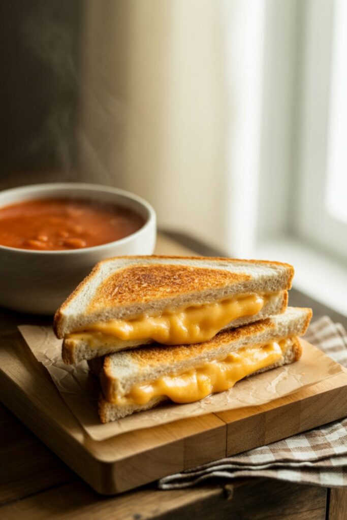 Grilled cheese sandwich with tomato soup served on a wooden board