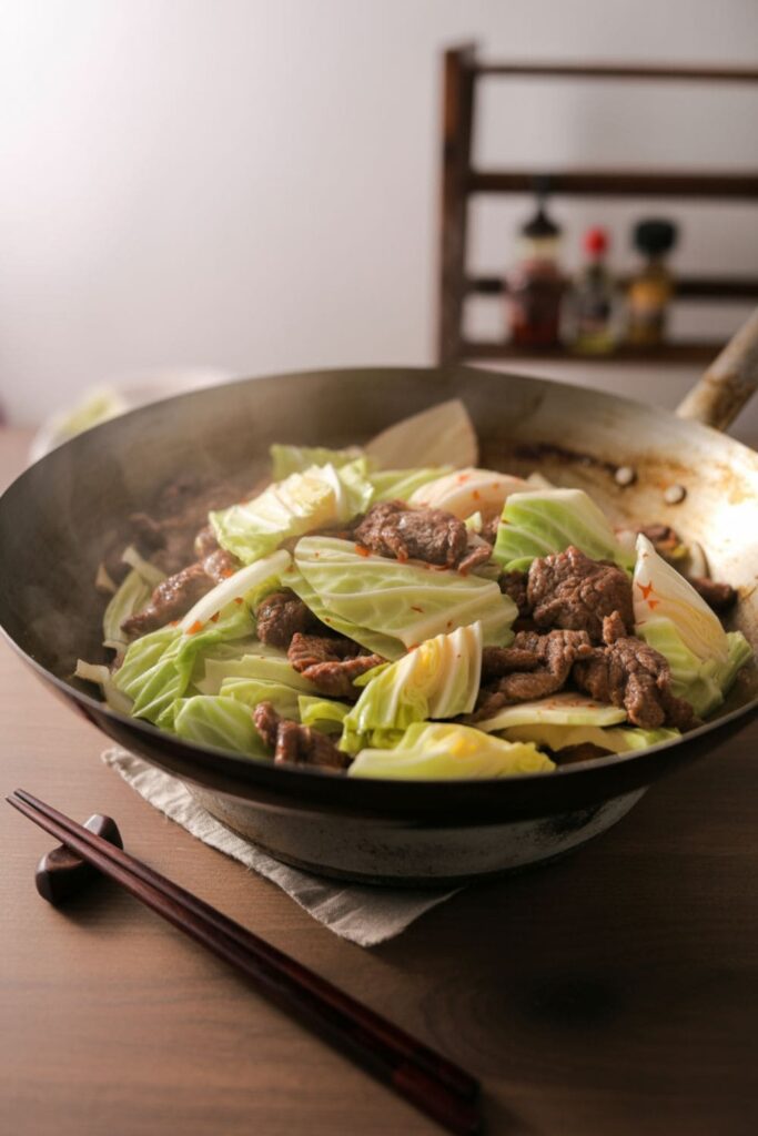 Ground beef and cabbage stir-fry served hot in a skillet