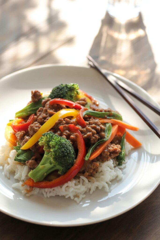 Ground beef stir-fry with colorful vegetables over rice