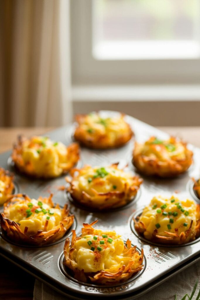 Hash brown cups filled with scrambled eggs in a muffin tray
