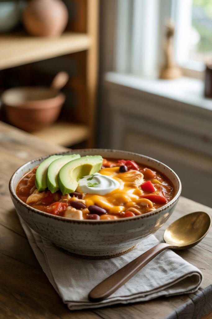 Hearty bowl of chicken chili with beans, sour cream, avocado slices, and shredded cheese
