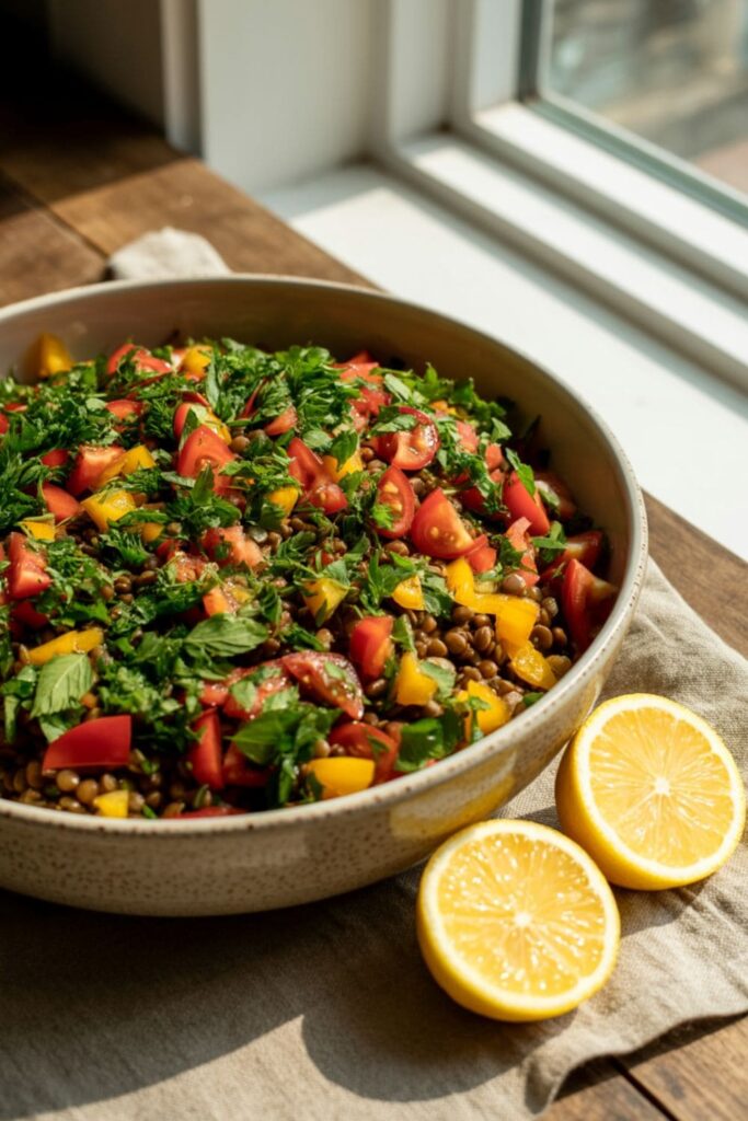 Hearty lentil salad with chopped vegetables and parsley in a white ceramic bowl