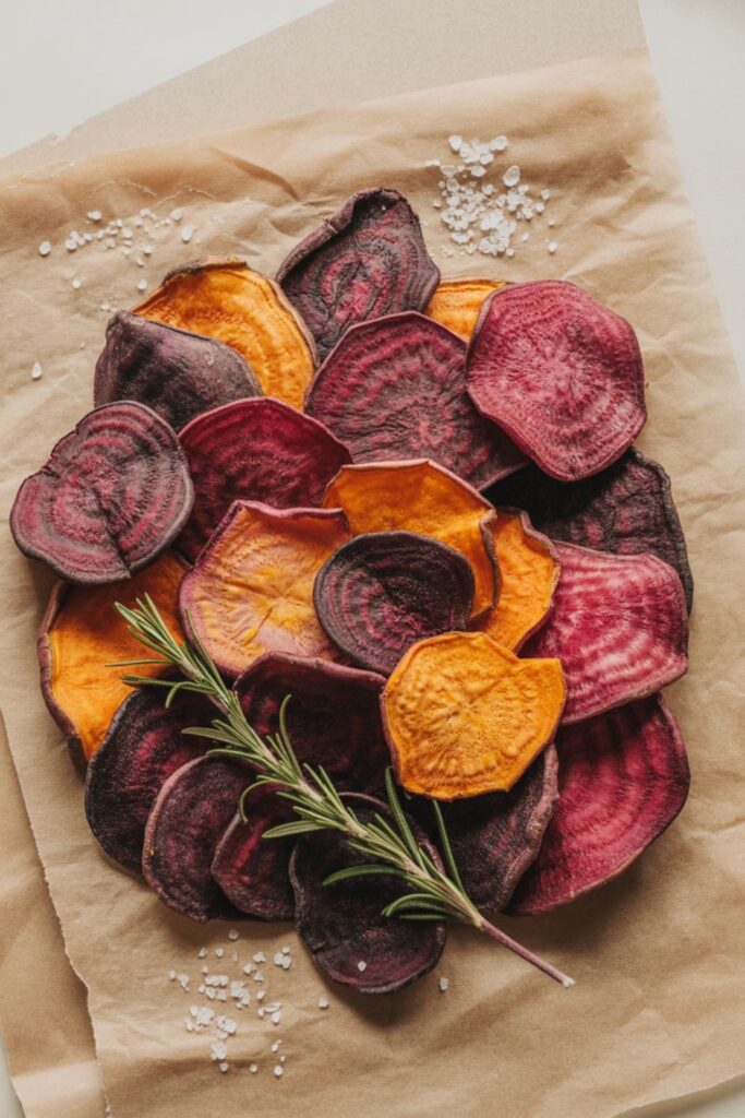 Homemade sweet potato and beet veggie chips on parchment paper for school snacking