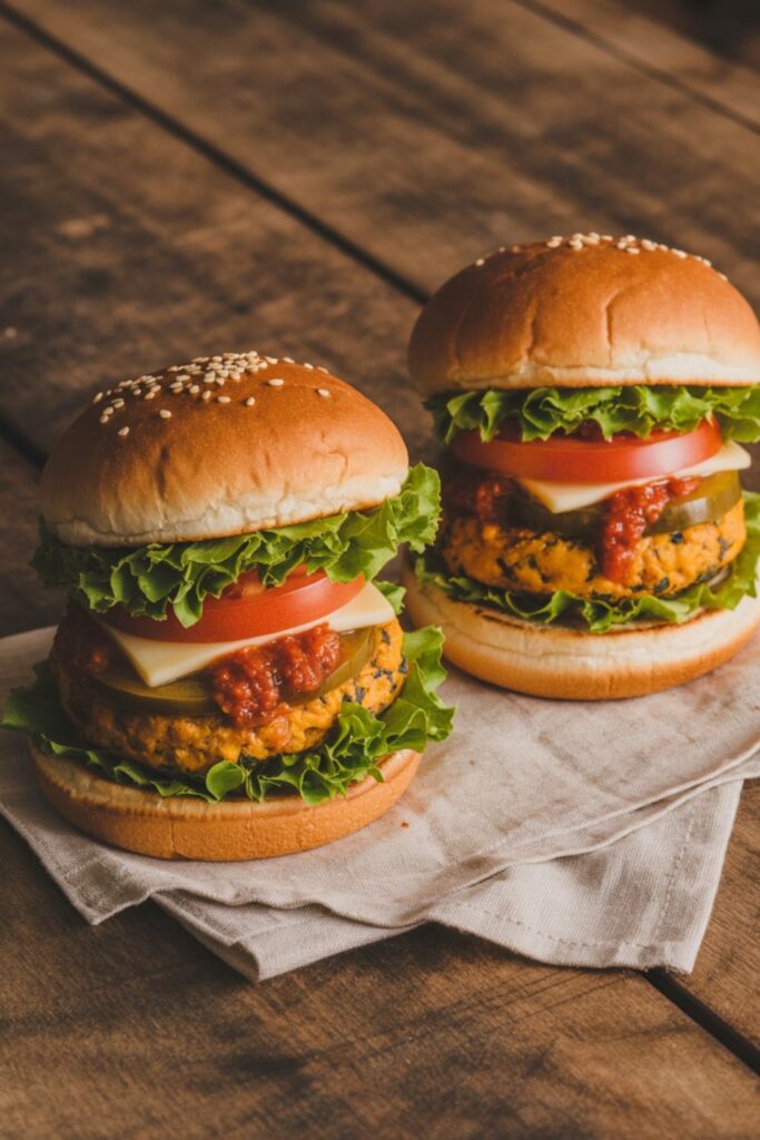 Homemade veggie burger with lettuce, tomato, and sauce on a soft bun