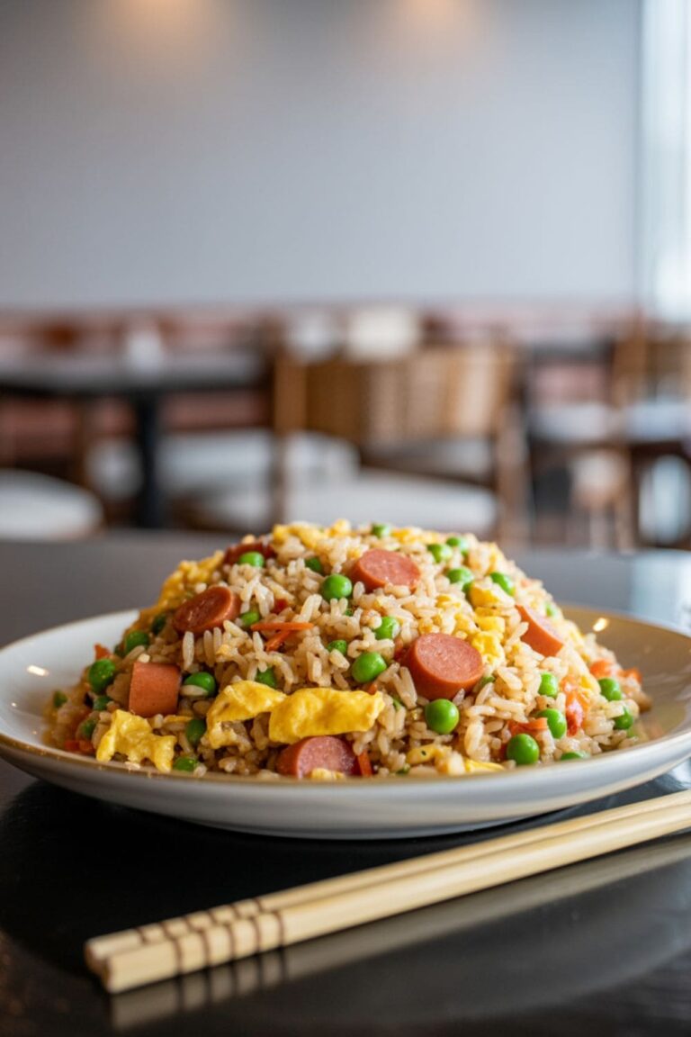 Hot dog fried rice with peas and scrambled egg served on a white plate