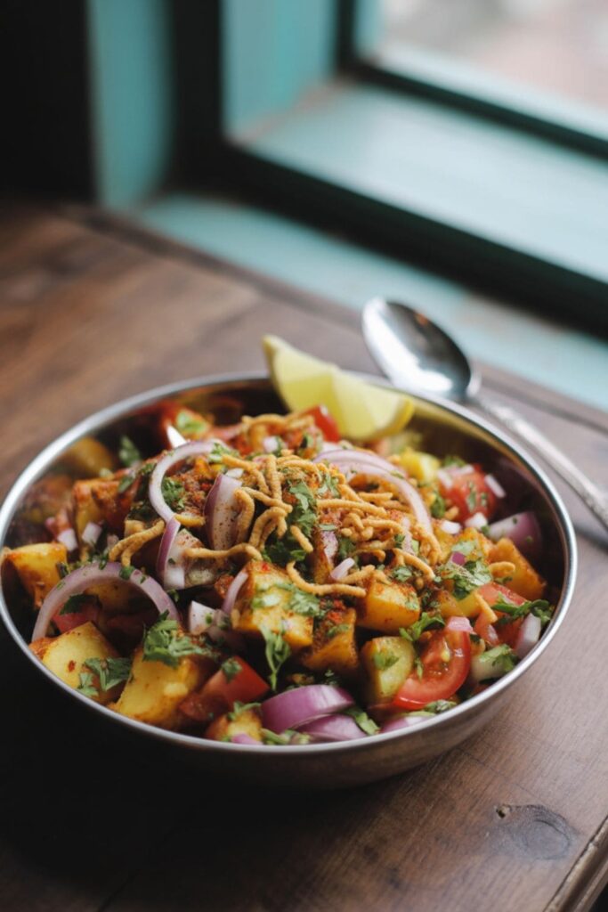 Indian aloo chaat with onions, tomatoes, cilantro, and sev in a colorful bowl
