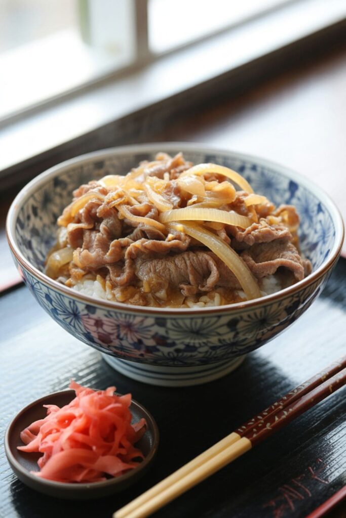 Japanese gyudon with thin beef slices and onions over steamed rice