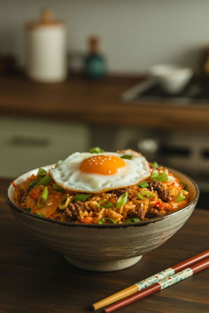 Kimchi fried rice bowl with ground beef, fried egg, and green onions
