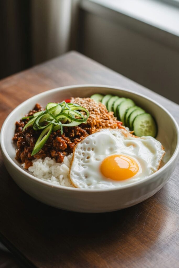 Korean beef bowl with rice, cucumbers, sesame seeds, and a fried egg