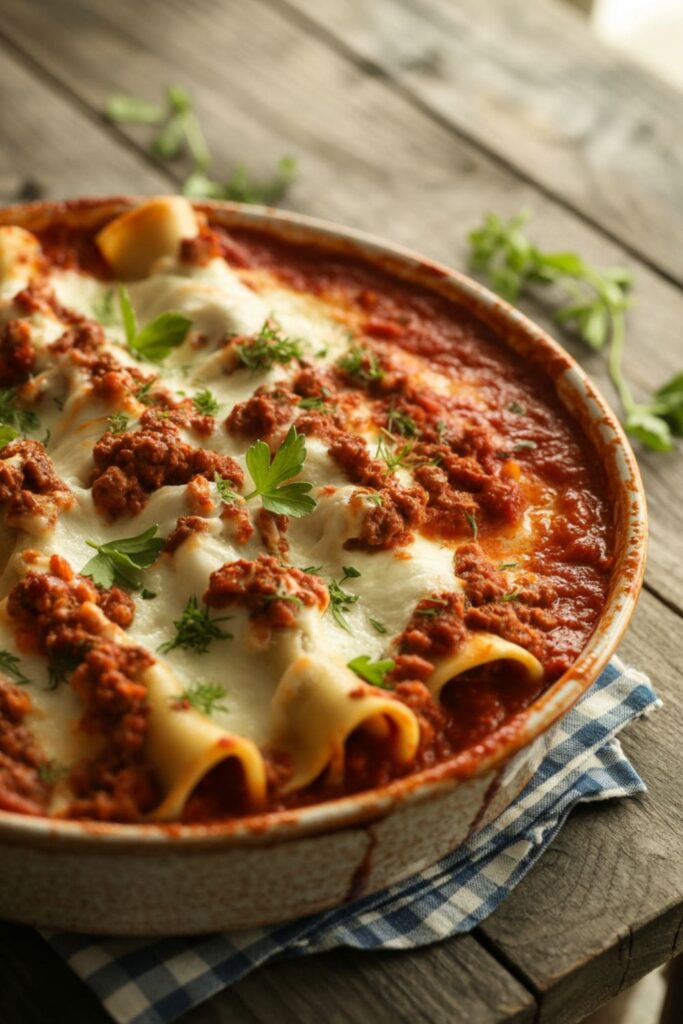 Lasagna rolls filled with ground beef and ricotta in marinara sauce