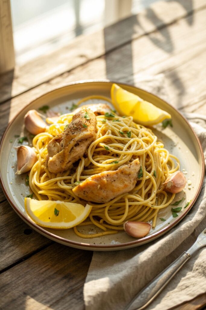 Lemon chicken spaghetti with garlic, parsley, and cracked black pepper served on a white plate