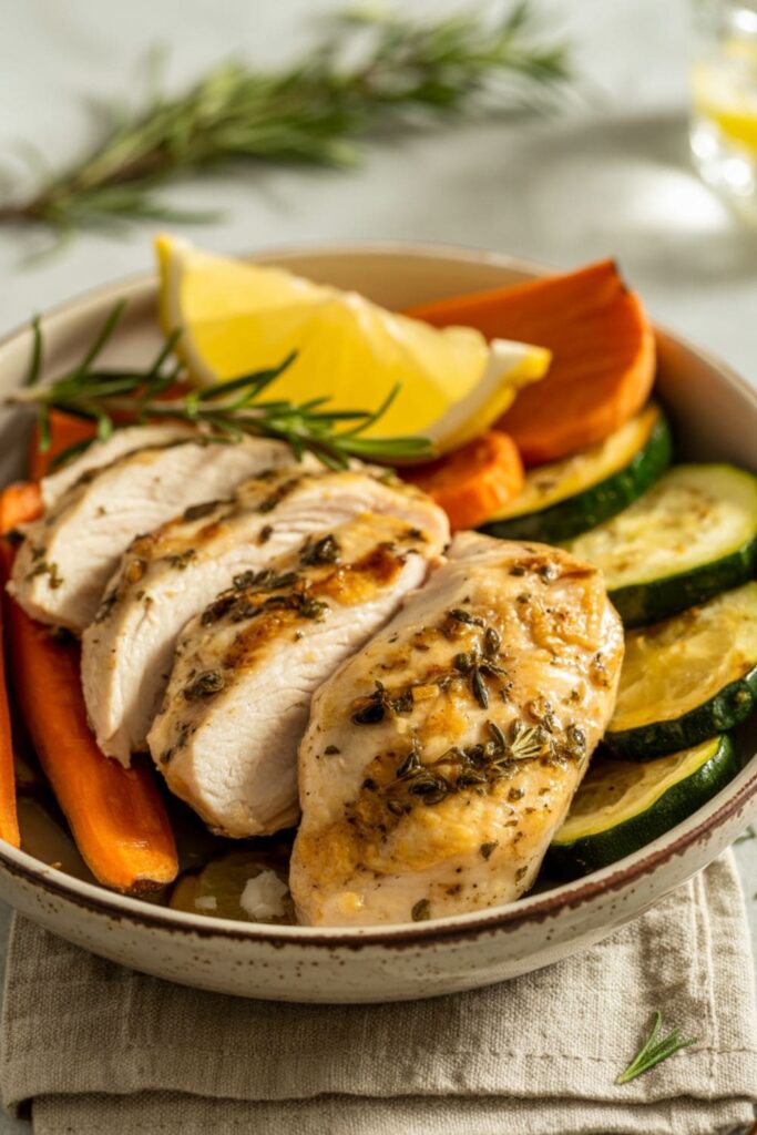 Lemon herb roasted chicken served with sweet potatoes, carrots, zucchini, and quinoa