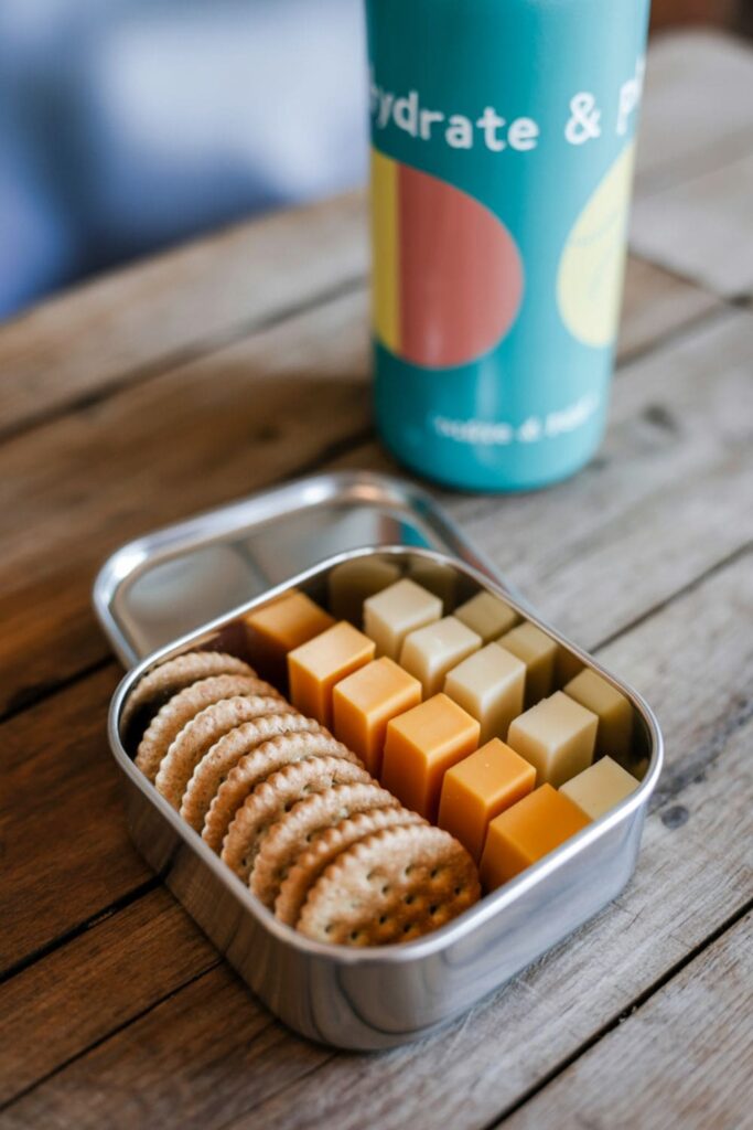 Lunchbox with whole grain crackers and cheddar cheese cubes neatly packed for school snack