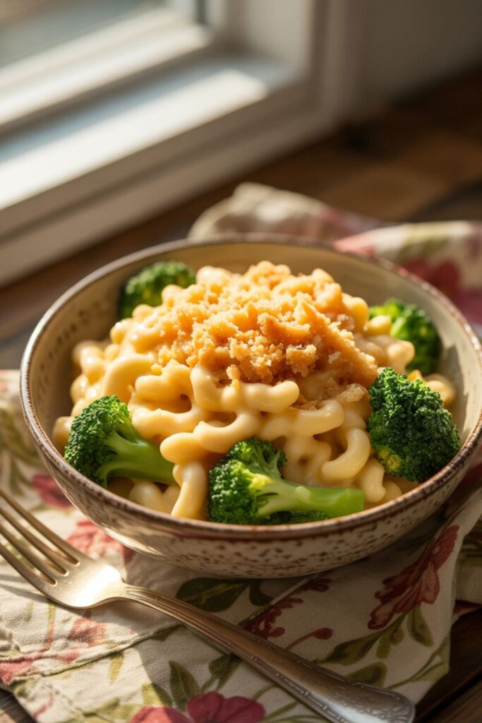 Mac and cheese with steamed broccoli and breadcrumb topping in a white bowl