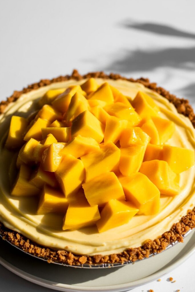Mango cream pie topped with fresh mango chunks and mint leaves