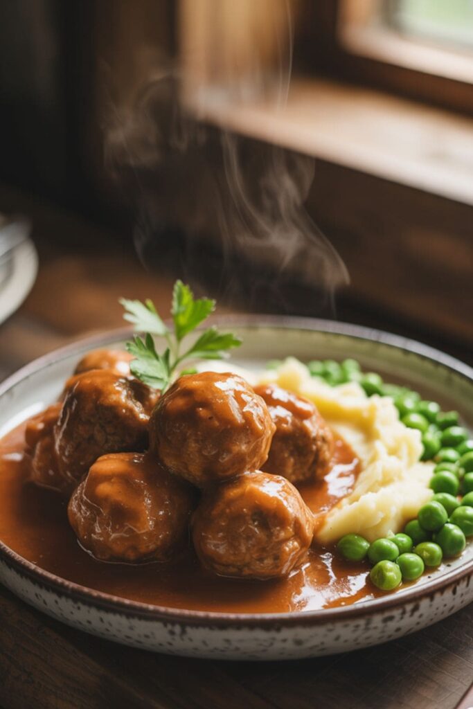Meatballs in brown gravy with mashed potatoes and peas