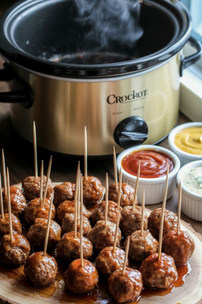 Meatballs on toothpicks served on a wooden board with dipping sauces and a slow cooker in the background