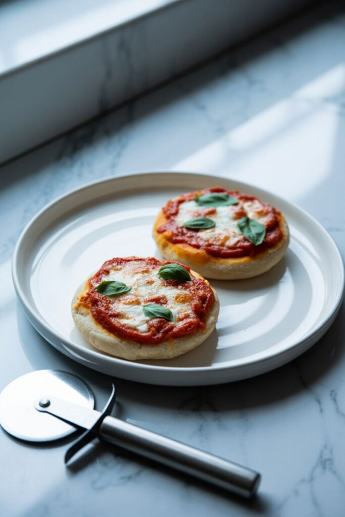 Mini English muffin pizzas with melted cheese on a white plate