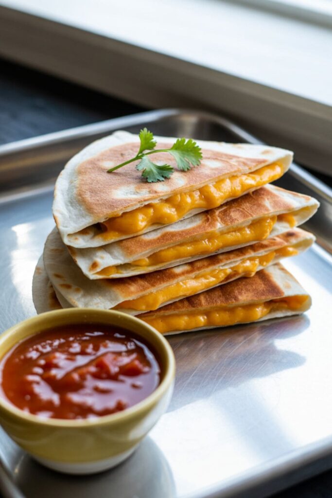 Mini cheese quesadilla slices stacked in foil with a small side of salsa