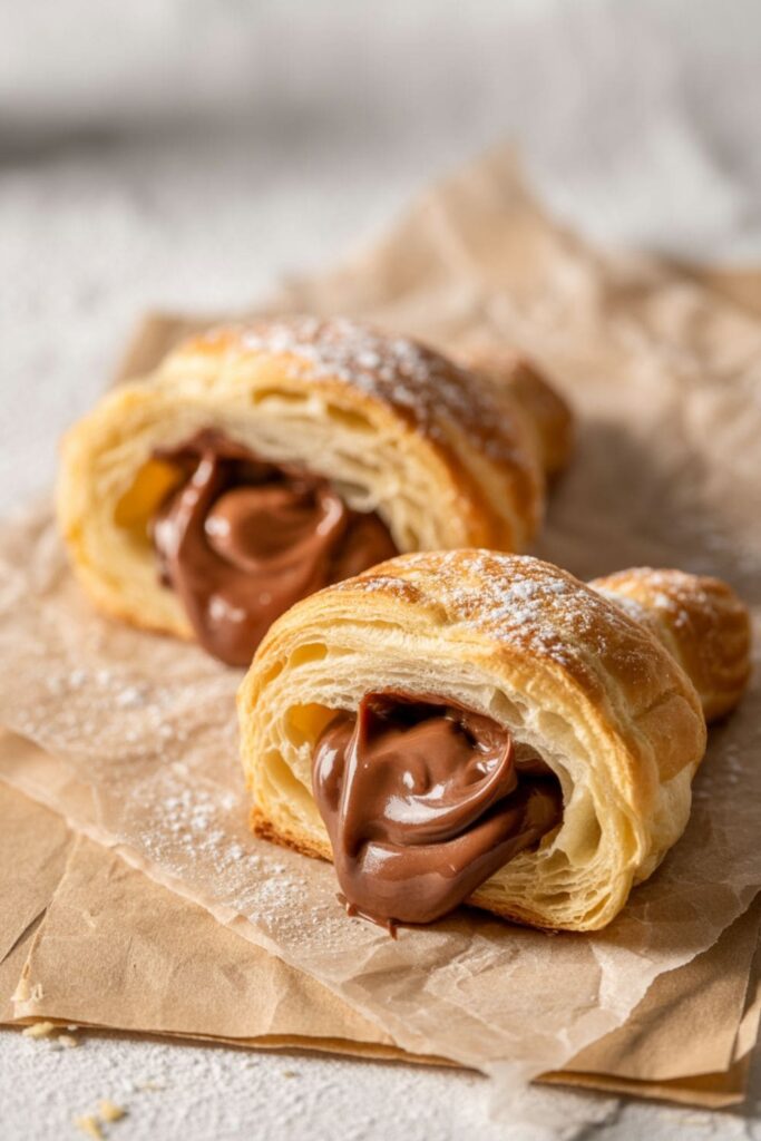 Mini croissants filled with melted Nutella, served on bakery paper