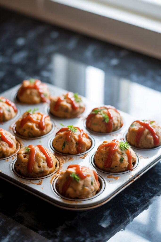 Mini meatloaf muffins baked in a muffin tin and topped with ketchup glaze