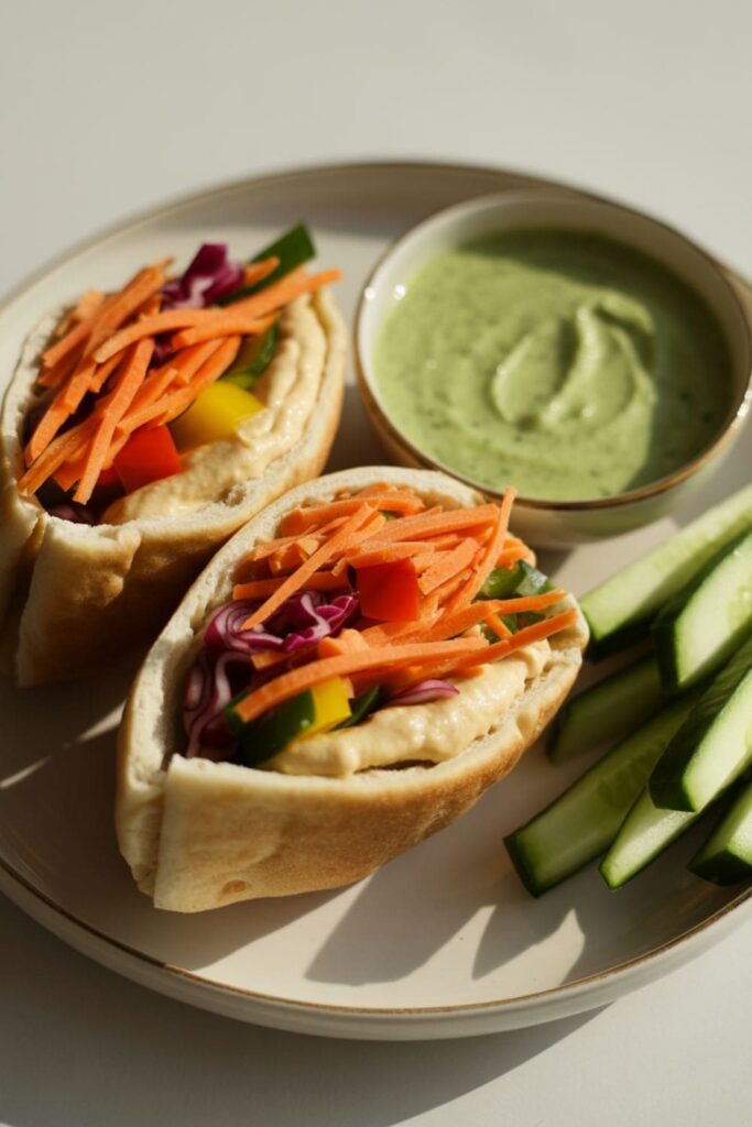 Mini pita pockets filled with hummus and shredded carrots